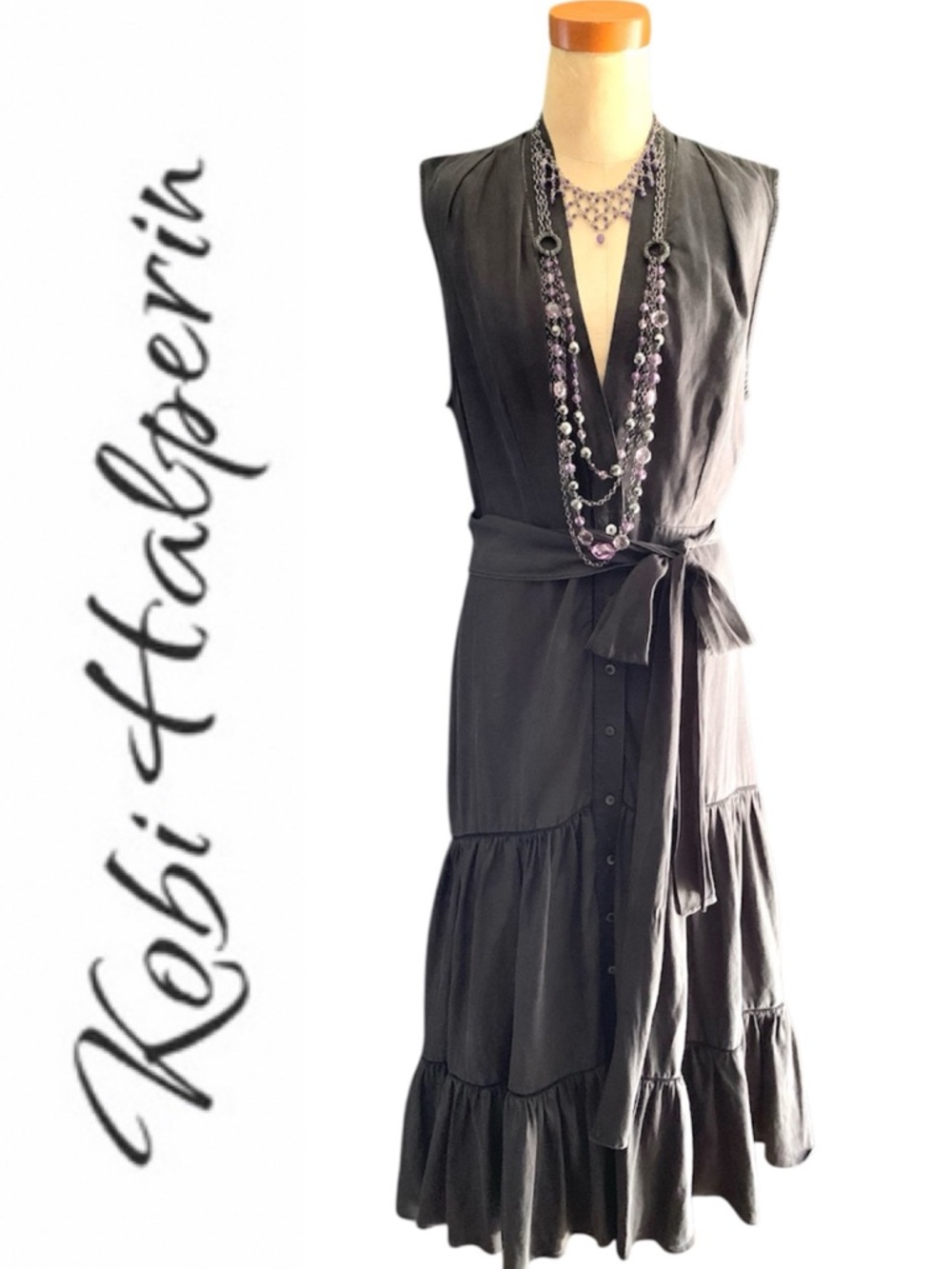 KOBI HALPERIN Anna Black Button Front Linen Blend Tiered High/Low Midi Dress- M